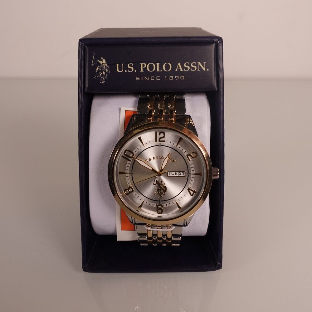 U.S. Polo Assn. Men's Quartz Wristwatch Silver Gold Dial Day Date Bracelet New